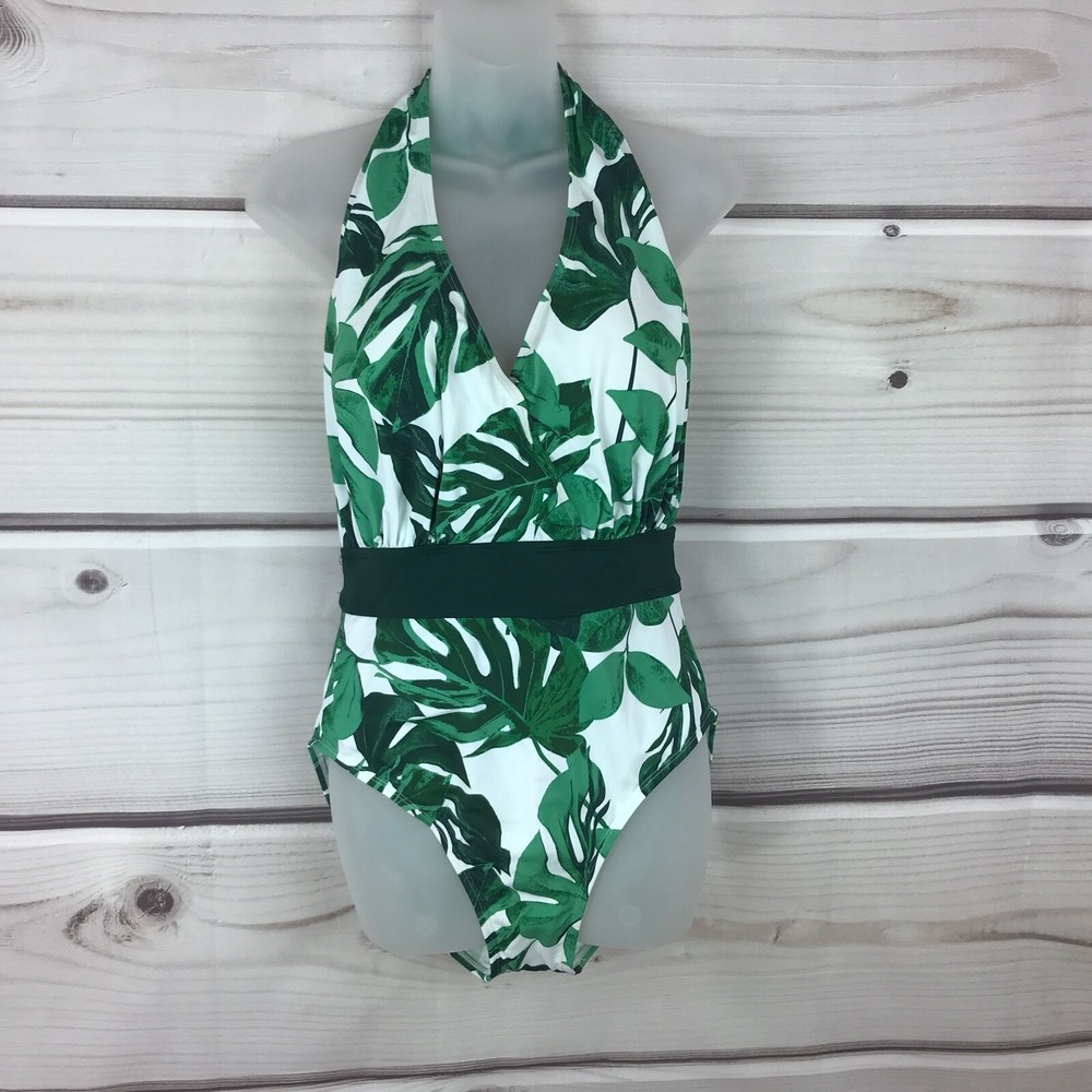 G.I.L.I. Swimsuit Womens 8 Green Palm Leaf Print Halter Neck One Piece V-Neck